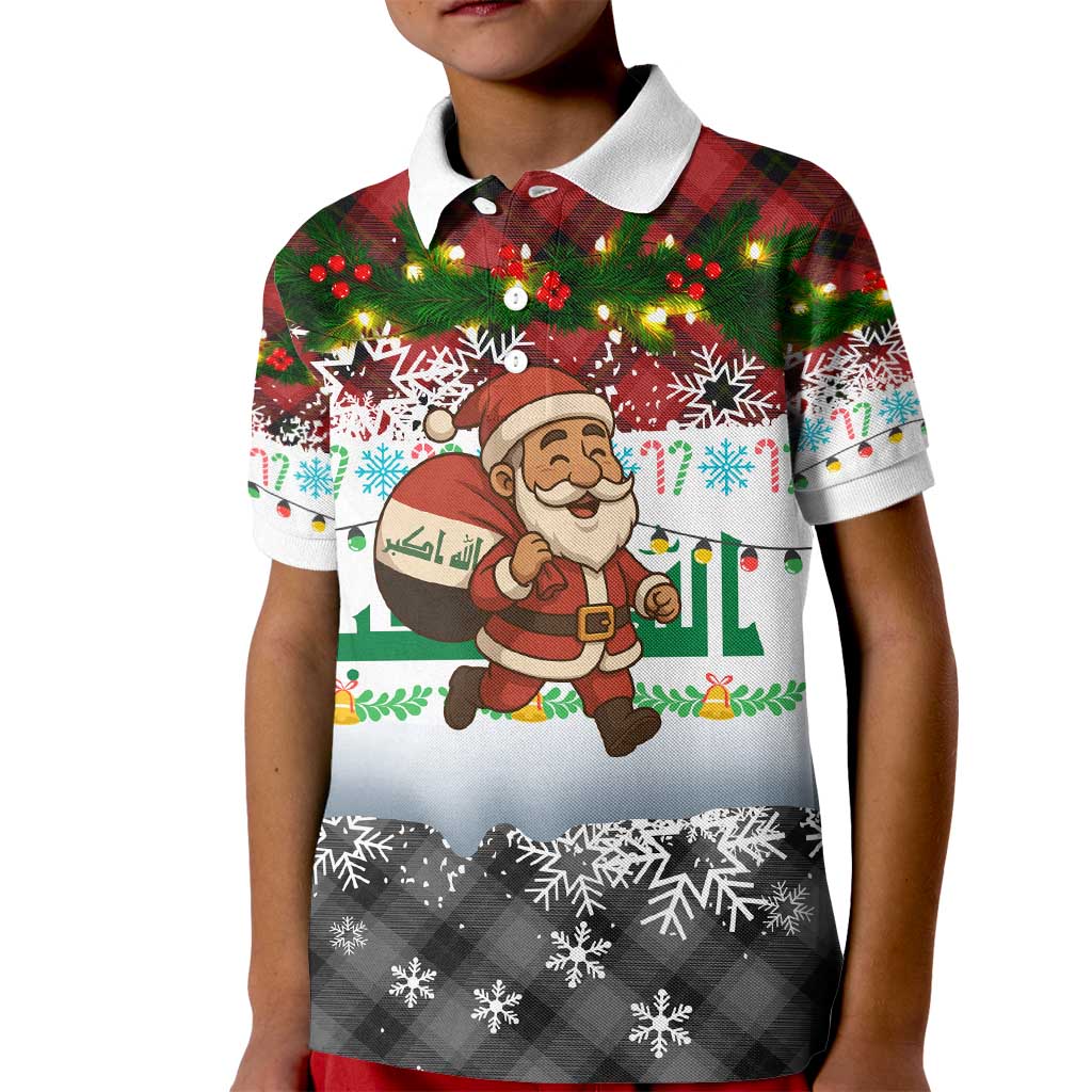 Iraq Christmas Kid Polo Shirt with Santa Carrying Gift Bag Flag Garland and Snowflake Plaid Pattern - Wonder Print Shop