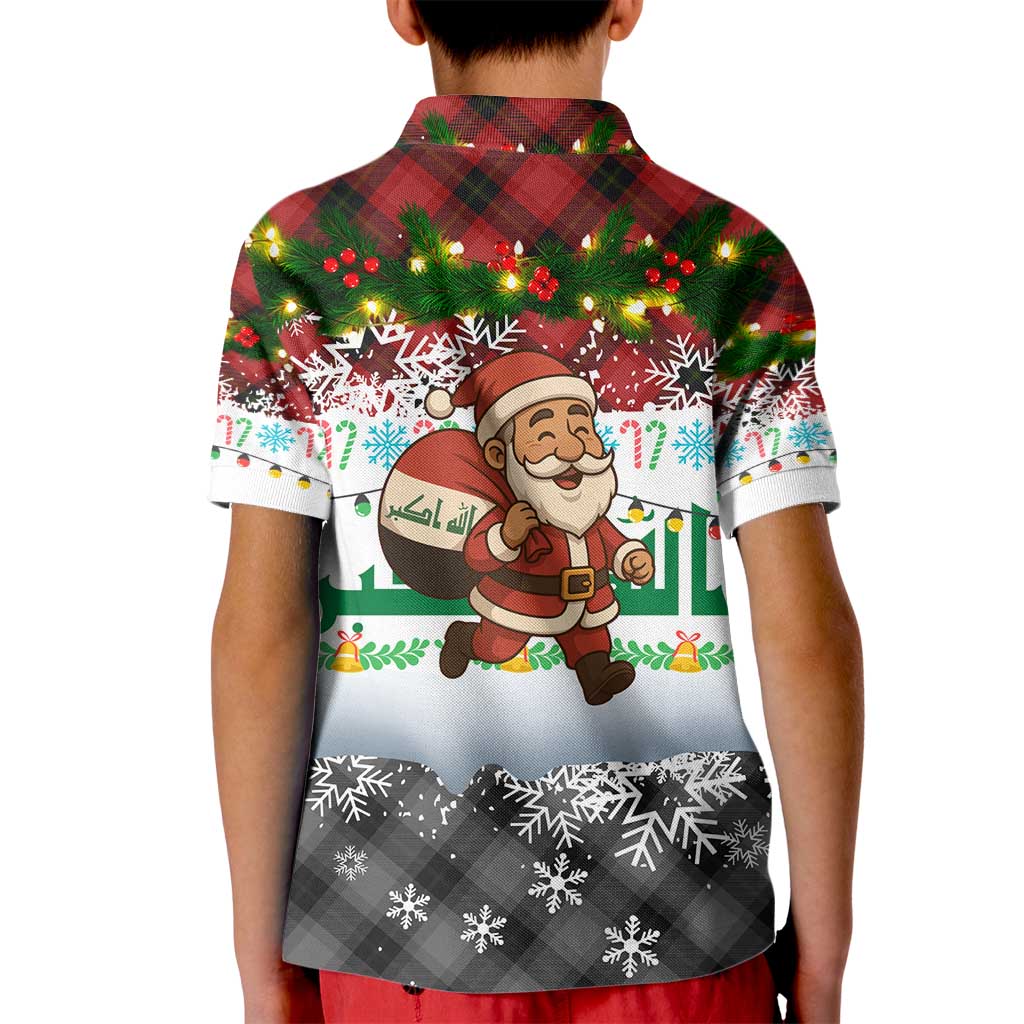 Iraq Christmas Kid Polo Shirt with Santa Carrying Gift Bag Flag Garland and Snowflake Plaid Pattern - Wonder Print Shop
