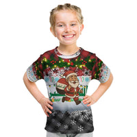 Iraq Christmas Kid T Shirt with Santa Carrying Gift Bag Flag Garland and Snowflake Plaid Pattern - Wonder Print Shop