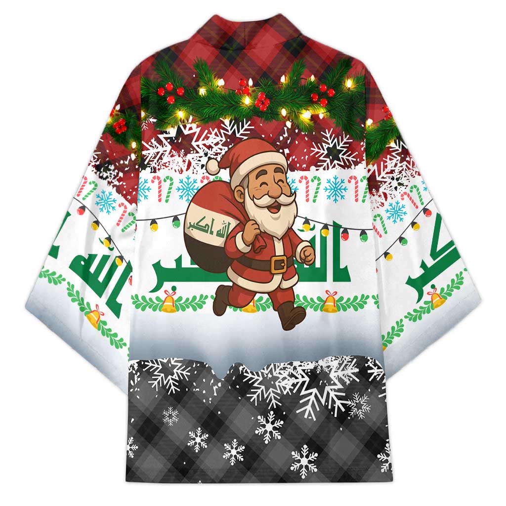 Iraq Christmas Kimono with Santa Carrying Gift Bag Flag Garland and Snowflake Plaid Pattern - Wonder Print Shop