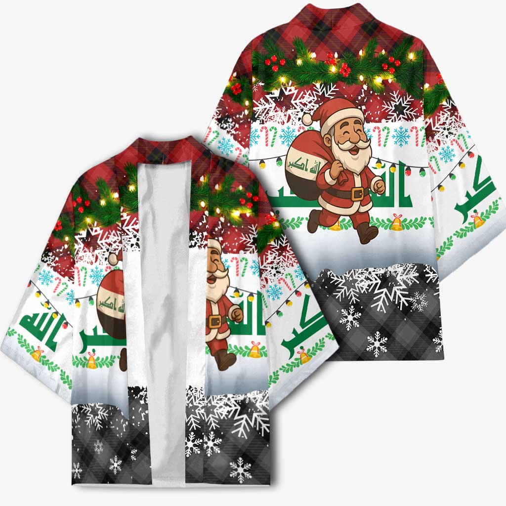 Iraq Christmas Kimono with Santa Carrying Gift Bag Flag Garland and Snowflake Plaid Pattern - Wonder Print Shop