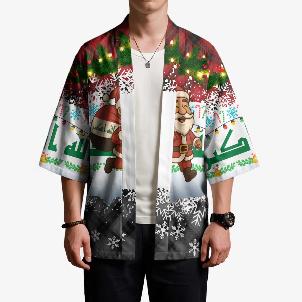 Iraq Christmas Kimono with Santa Carrying Gift Bag Flag Garland and Snowflake Plaid Pattern - Wonder Print Shop