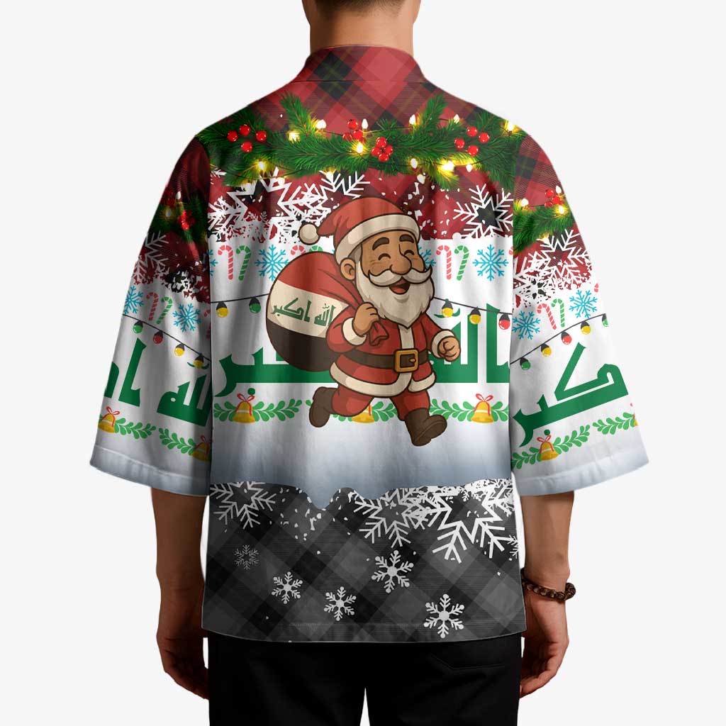 Iraq Christmas Kimono with Santa Carrying Gift Bag Flag Garland and Snowflake Plaid Pattern - Wonder Print Shop