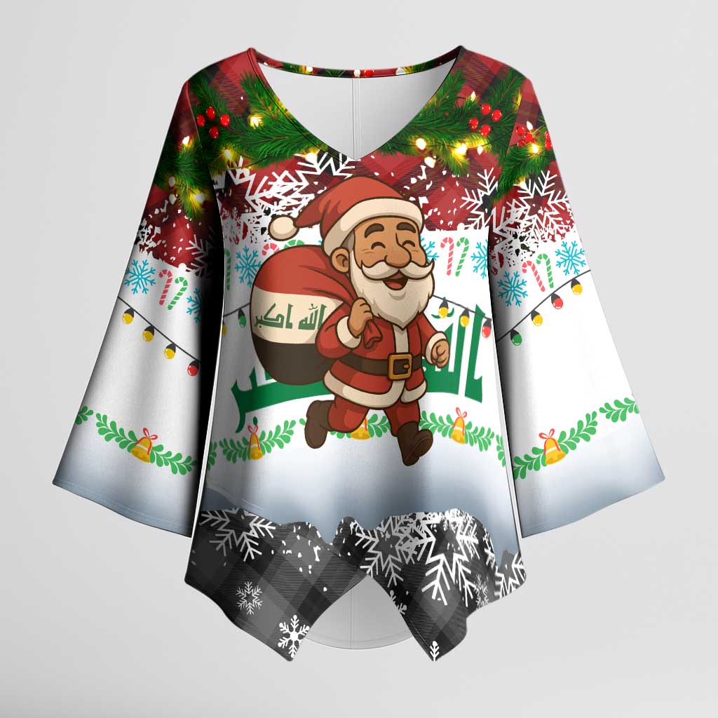 Iraq Christmas Kimono Sleeve Blouse with Santa Carrying Gift Bag Flag Garland and Snowflake Plaid Pattern - Wonder Print Shop