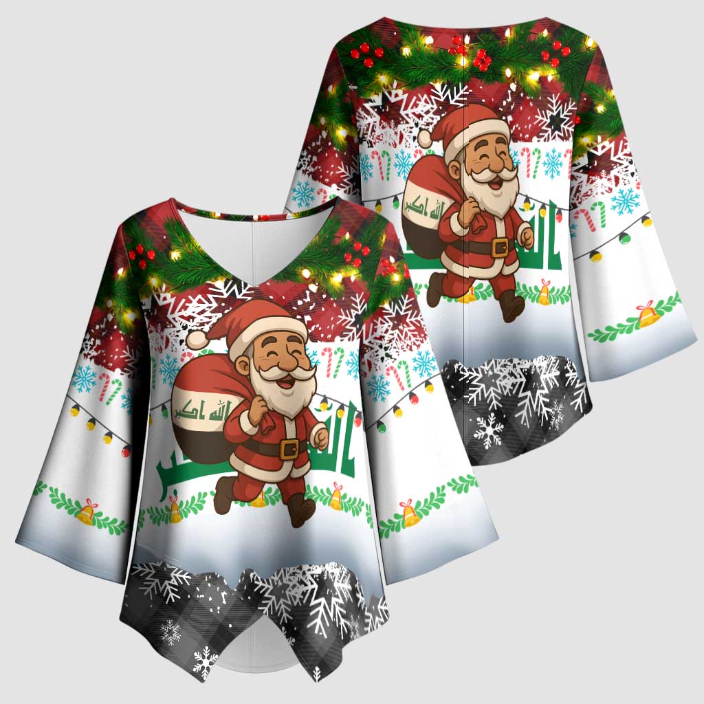 Iraq Christmas Kimono Sleeve Blouse with Santa Carrying Gift Bag Flag Garland and Snowflake Plaid Pattern - Wonder Print Shop