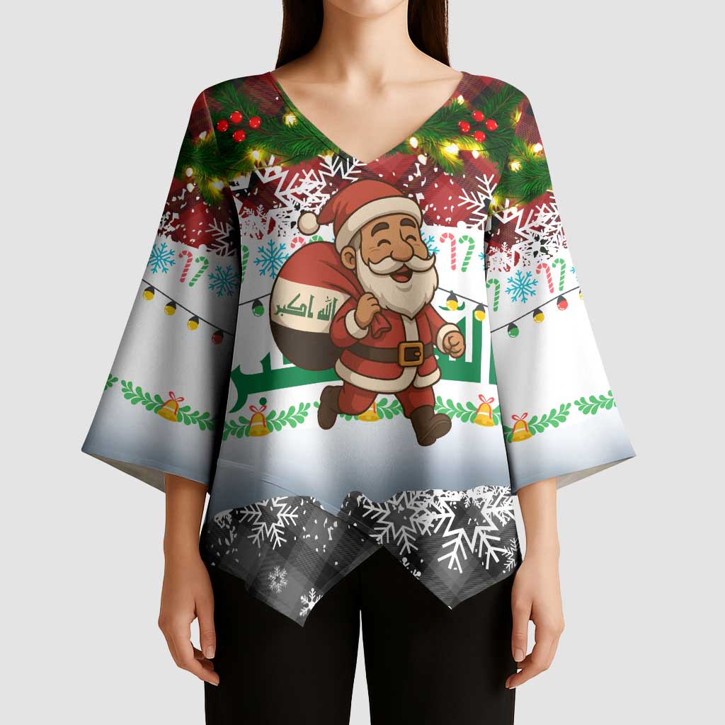 Iraq Christmas Kimono Sleeve Blouse with Santa Carrying Gift Bag Flag Garland and Snowflake Plaid Pattern - Wonder Print Shop