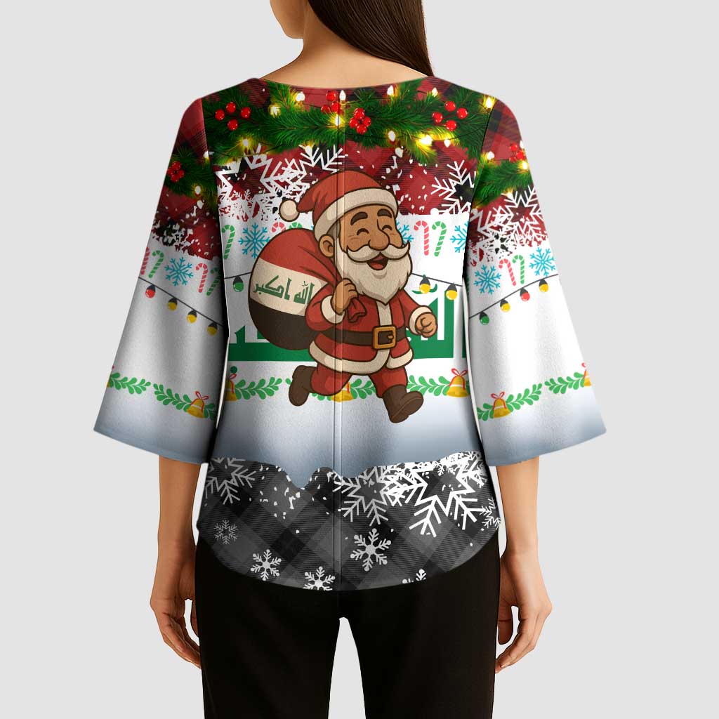 Iraq Christmas Kimono Sleeve Blouse with Santa Carrying Gift Bag Flag Garland and Snowflake Plaid Pattern - Wonder Print Shop