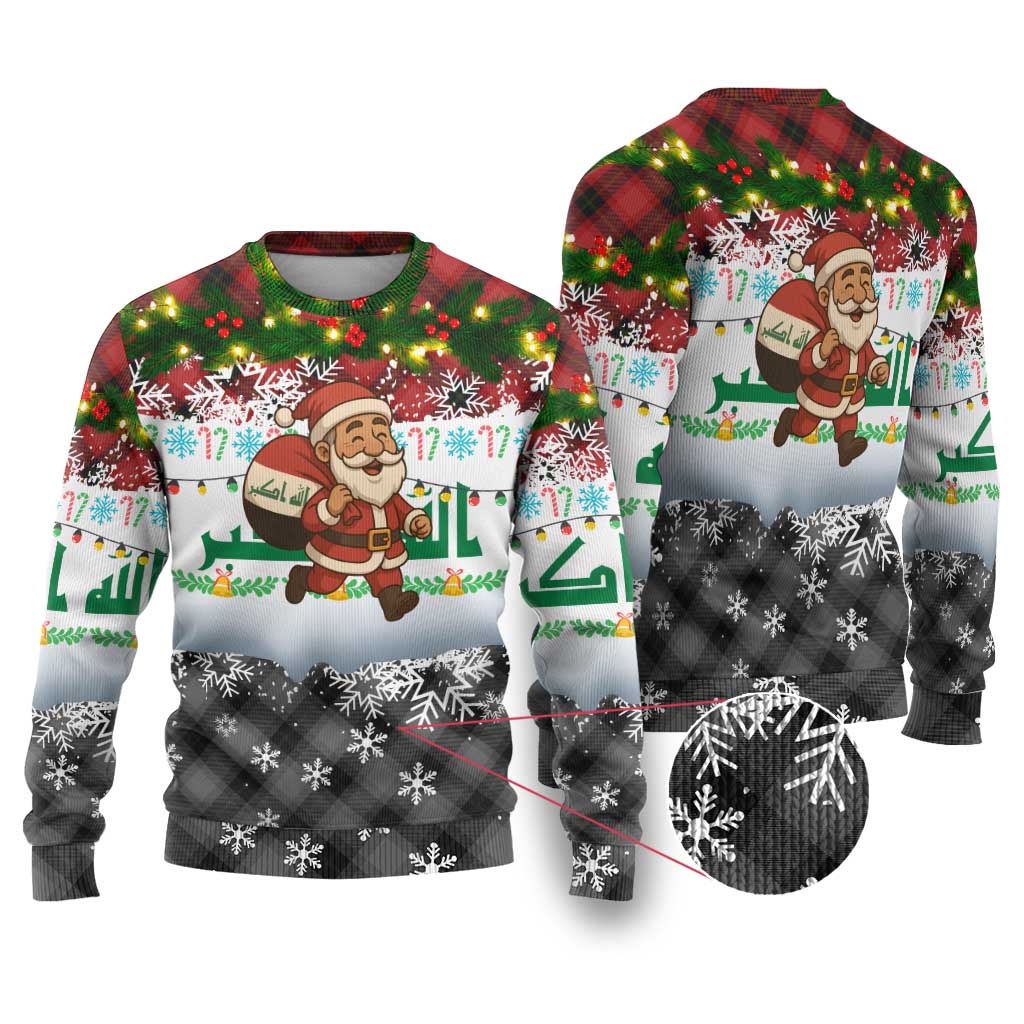 Iraq Christmas Ugly Christmas Sweater with Santa Carrying Gift Bag Flag Garland and Snowflake Plaid Pattern - Wonder Print Shop