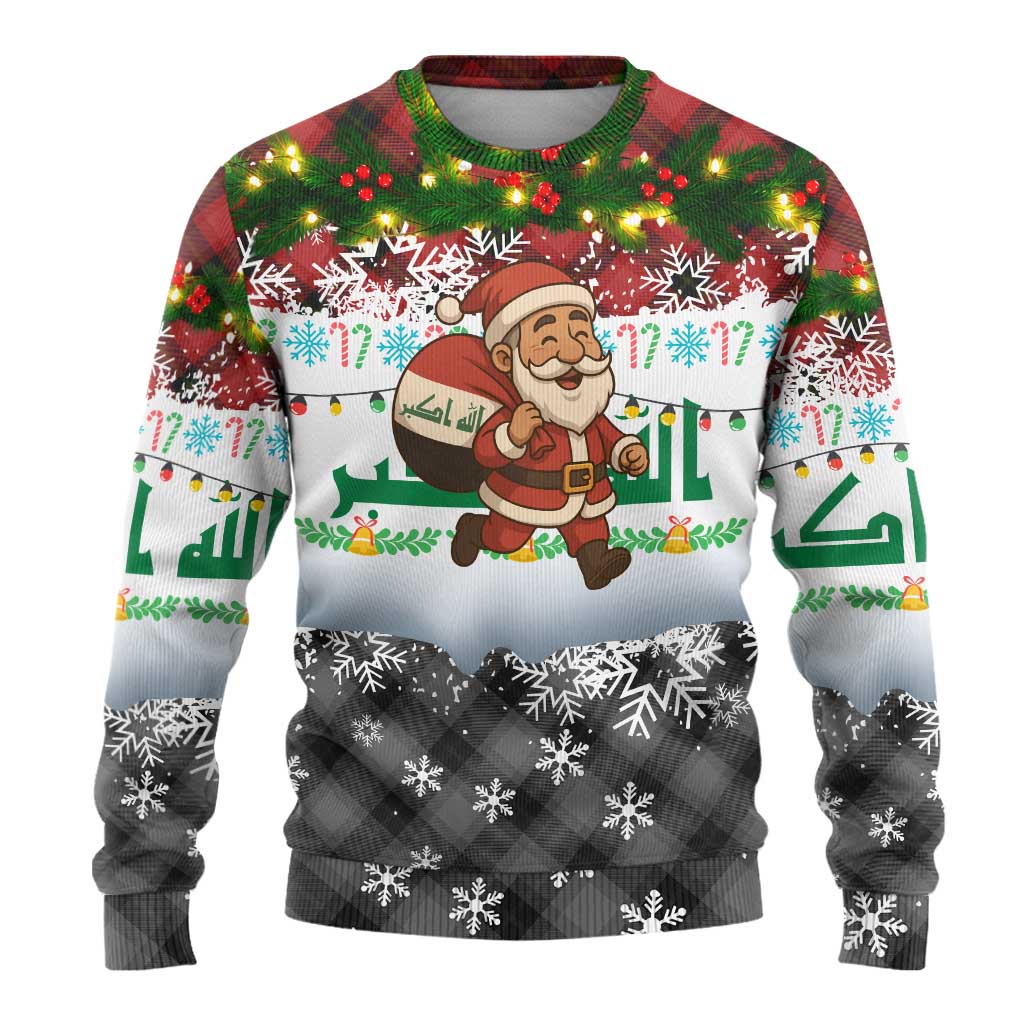 Iraq Christmas Ugly Christmas Sweater with Santa Carrying Gift Bag Flag Garland and Snowflake Plaid Pattern - Wonder Print Shop