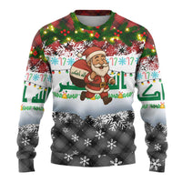 Iraq Christmas Ugly Christmas Sweater with Santa Carrying Gift Bag Flag Garland and Snowflake Plaid Pattern - Wonder Print Shop