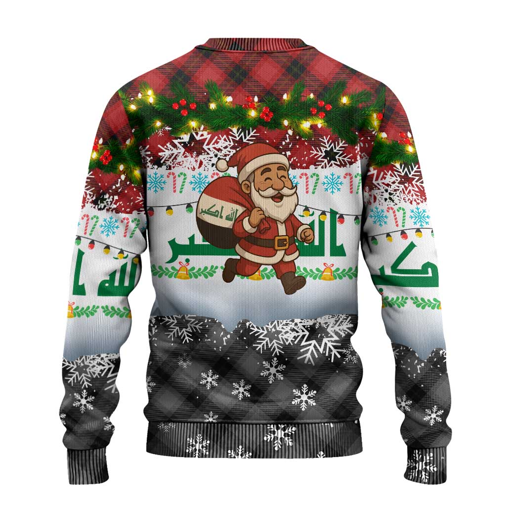 Iraq Christmas Ugly Christmas Sweater with Santa Carrying Gift Bag Flag Garland and Snowflake Plaid Pattern - Wonder Print Shop