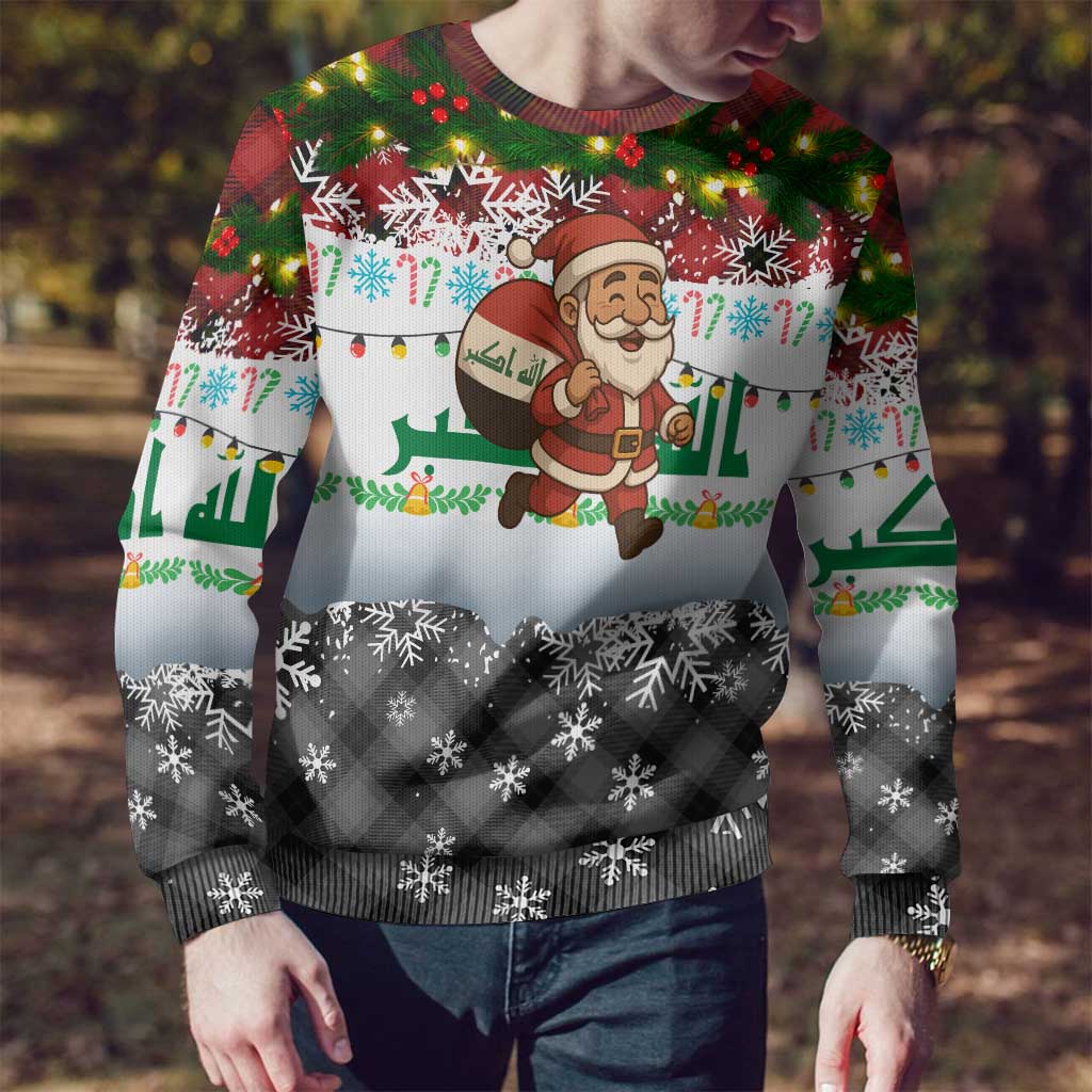 Iraq Christmas Ugly Christmas Sweater with Santa Carrying Gift Bag Flag Garland and Snowflake Plaid Pattern - Wonder Print Shop