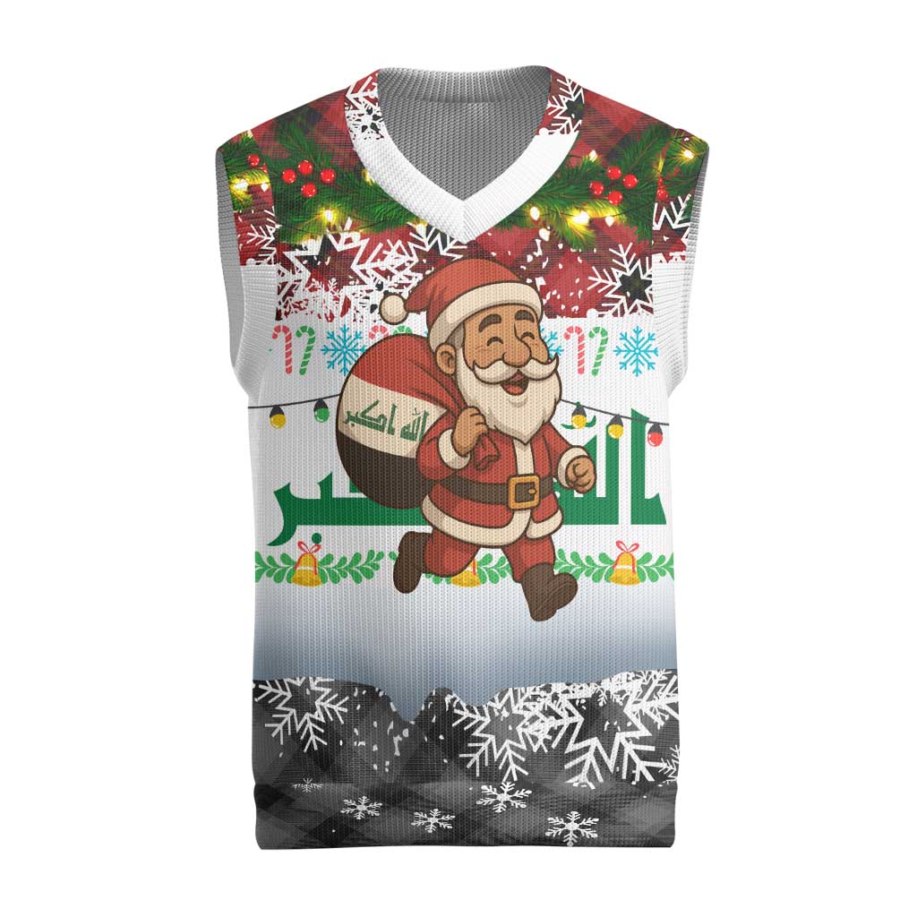 Iraq Christmas Knitted V-Neck Vest with Santa Carrying Gift Bag Flag Garland and Snowflake Plaid Pattern - Wonder Print Shop