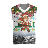 Iraq Christmas Knitted V-Neck Vest with Santa Carrying Gift Bag Flag Garland and Snowflake Plaid Pattern - Wonder Print Shop