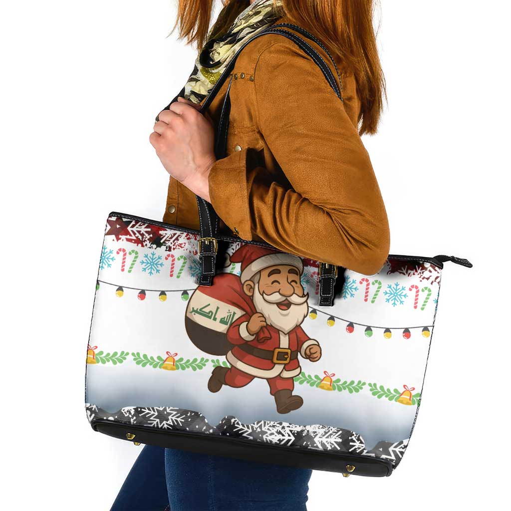 Iraq Christmas Leather Tote Bag with Santa Carrying Gift Bag Flag Garland and Snowflake Plaid Pattern - Wonder Print Shop