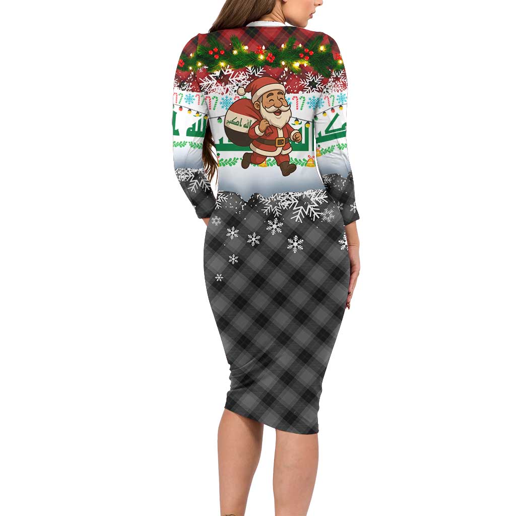Iraq Christmas Long Sleeve Bodycon Dress with Santa Carrying Gift Bag Flag Garland and Snowflake Plaid Pattern - Wonder Print Shop