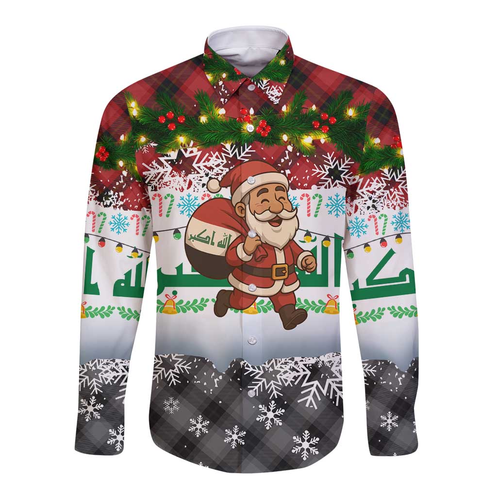 Iraq Christmas Long Sleeve Button Shirt with Santa Carrying Gift Bag Flag Garland and Snowflake Plaid Pattern - Wonder Print Shop