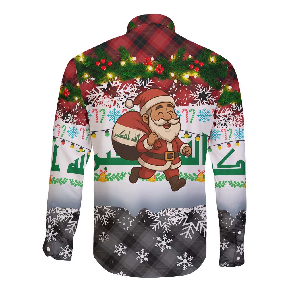 Iraq Christmas Long Sleeve Button Shirt with Santa Carrying Gift Bag Flag Garland and Snowflake Plaid Pattern - Wonder Print Shop