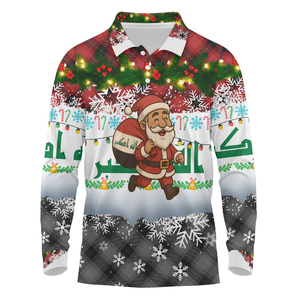 Iraq Christmas Long Sleeve Polo Shirt with Santa Carrying Gift Bag Flag Garland and Snowflake Plaid Pattern - Wonder Print Shop
