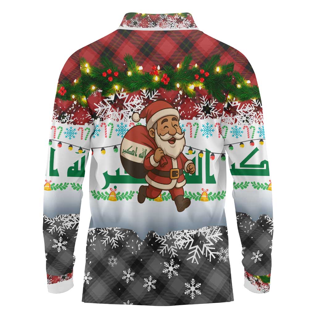 Iraq Christmas Long Sleeve Polo Shirt with Santa Carrying Gift Bag Flag Garland and Snowflake Plaid Pattern - Wonder Print Shop