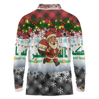 Iraq Christmas Long Sleeve Polo Shirt with Santa Carrying Gift Bag Flag Garland and Snowflake Plaid Pattern - Wonder Print Shop
