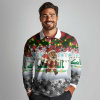 Iraq Christmas Long Sleeve Polo Shirt with Santa Carrying Gift Bag Flag Garland and Snowflake Plaid Pattern - Wonder Print Shop
