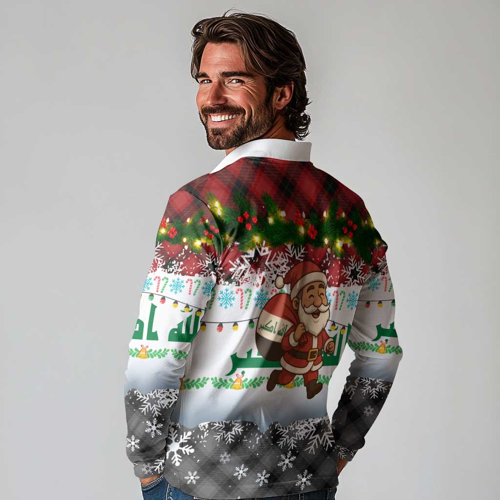 Iraq Christmas Long Sleeve Polo Shirt with Santa Carrying Gift Bag Flag Garland and Snowflake Plaid Pattern - Wonder Print Shop