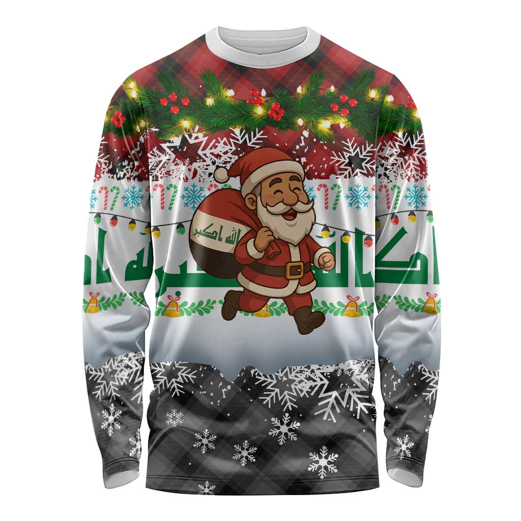 Iraq Christmas Long Sleeve Shirt with Santa Carrying Gift Bag Flag Garland and Snowflake Plaid Pattern - Wonder Print Shop