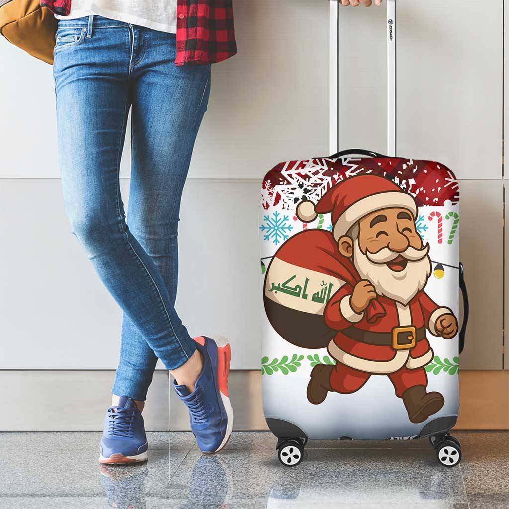 Iraq Christmas Luggage Cover with Santa Carrying Gift Bag Flag Garland and Snowflake Plaid Pattern - Wonder Print Shop