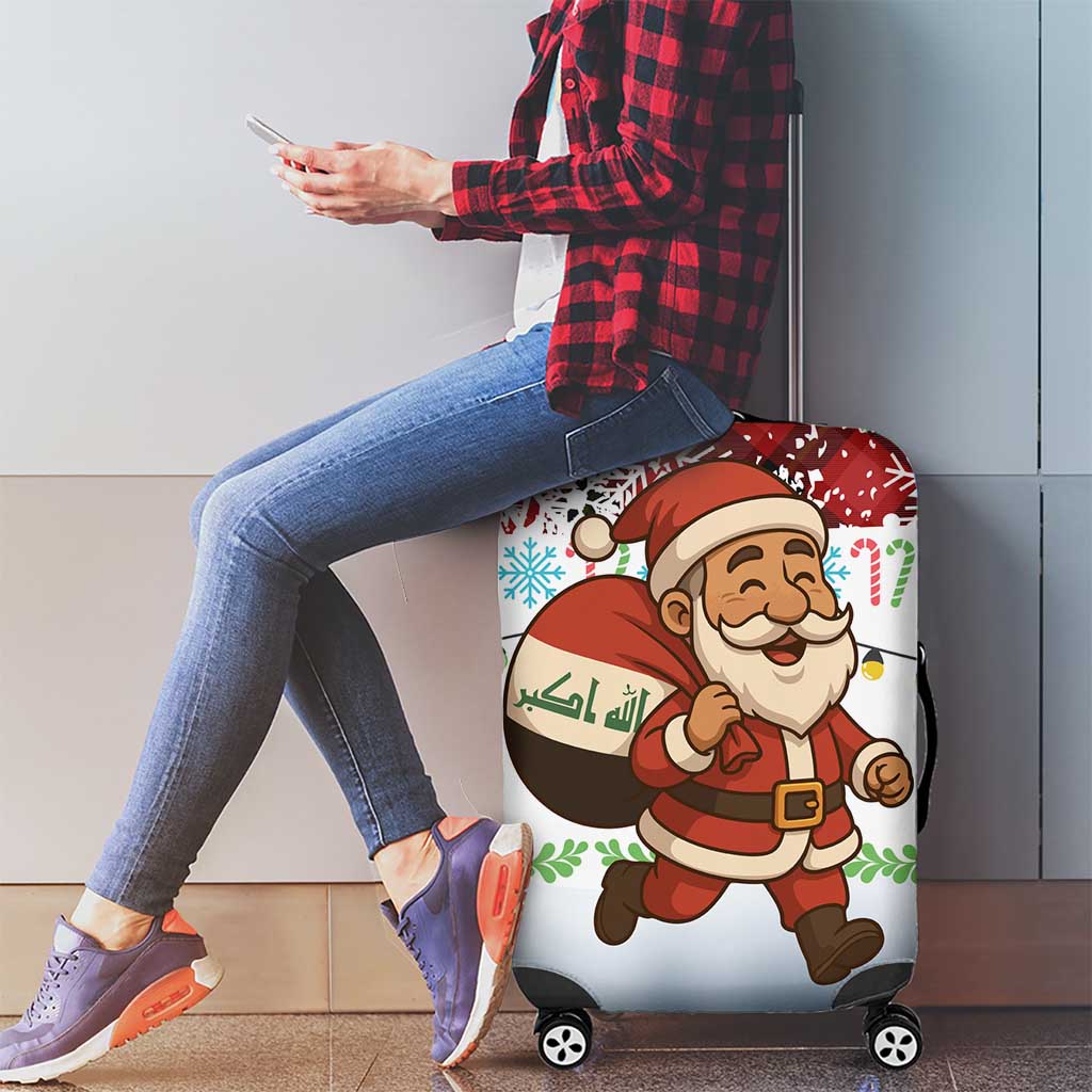 Iraq Christmas Luggage Cover with Santa Carrying Gift Bag Flag Garland and Snowflake Plaid Pattern - Wonder Print Shop