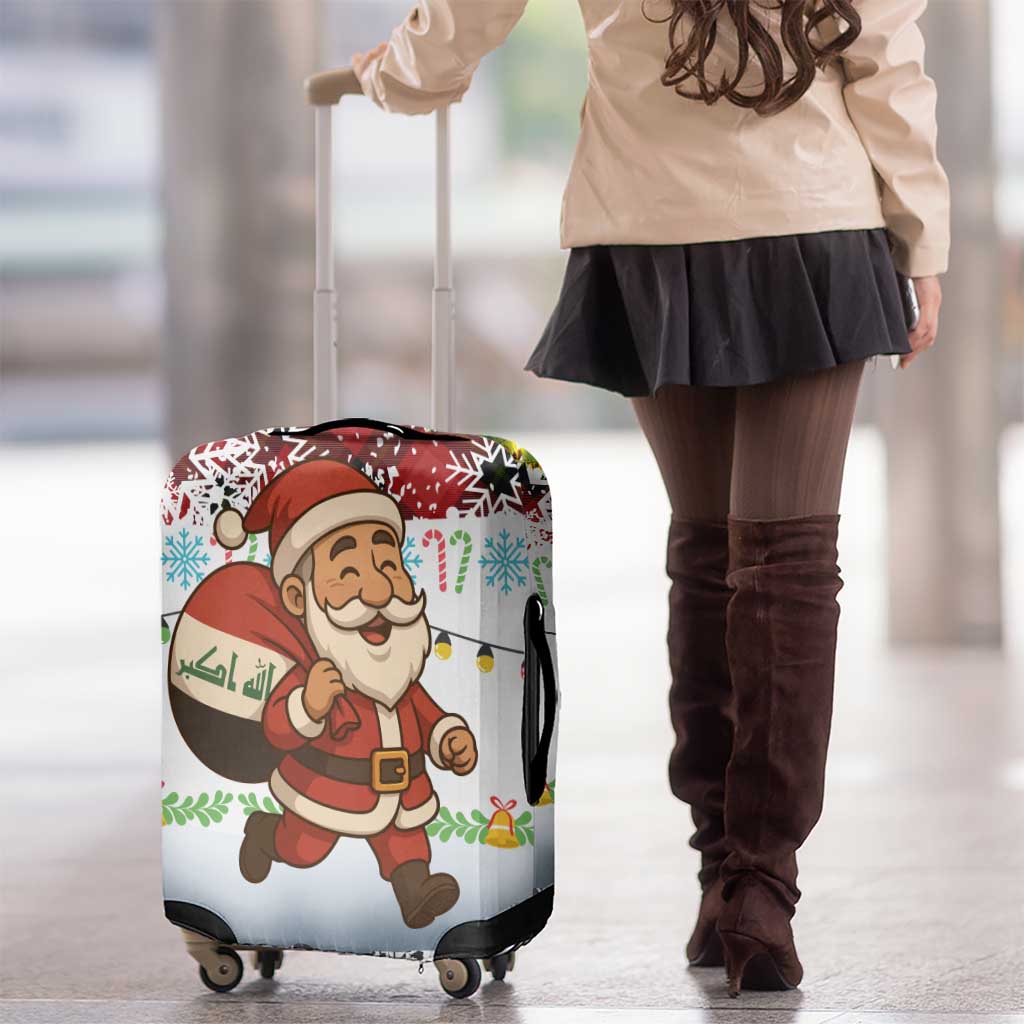 Iraq Christmas Luggage Cover with Santa Carrying Gift Bag Flag Garland and Snowflake Plaid Pattern - Wonder Print Shop