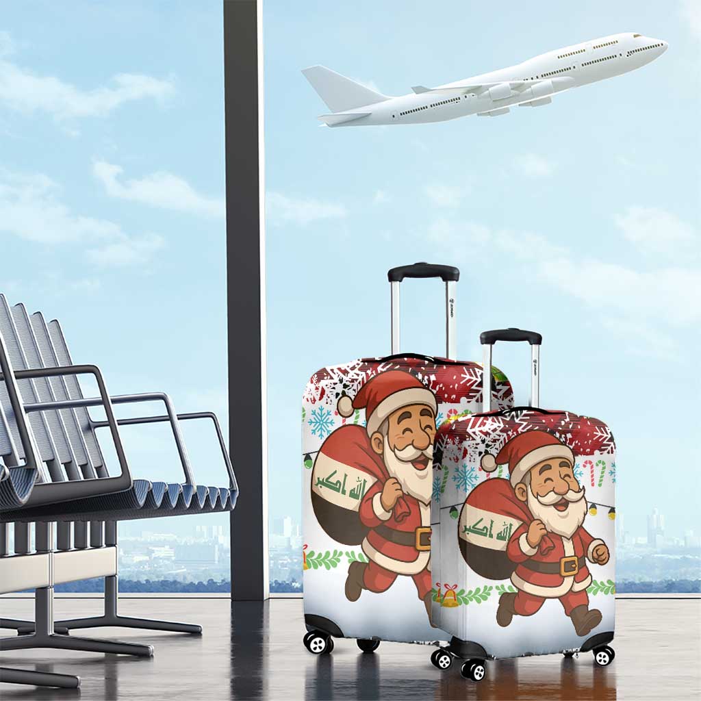 Iraq Christmas Luggage Cover with Santa Carrying Gift Bag Flag Garland and Snowflake Plaid Pattern - Wonder Print Shop