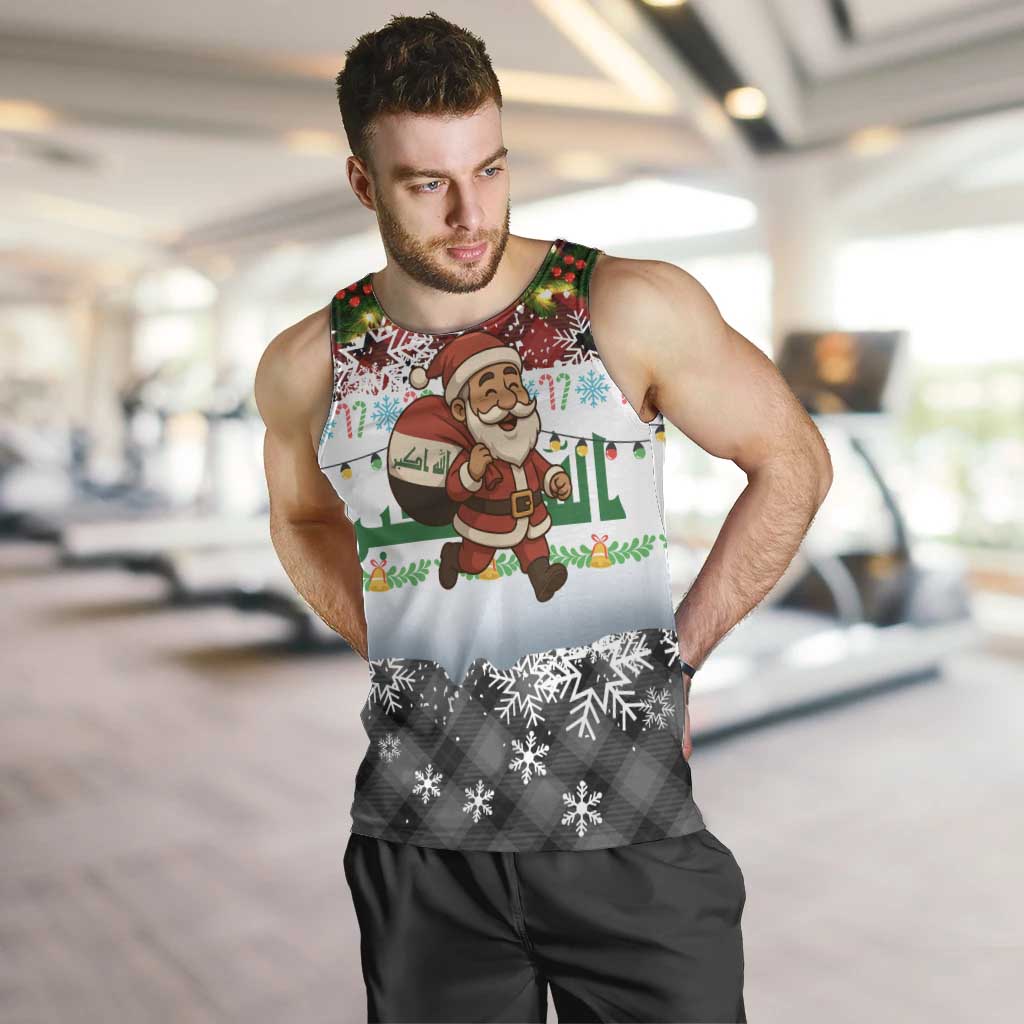 Iraq Christmas Men Tank Top with Santa Carrying Gift Bag Flag Garland and Snowflake Plaid Pattern - Wonder Print Shop