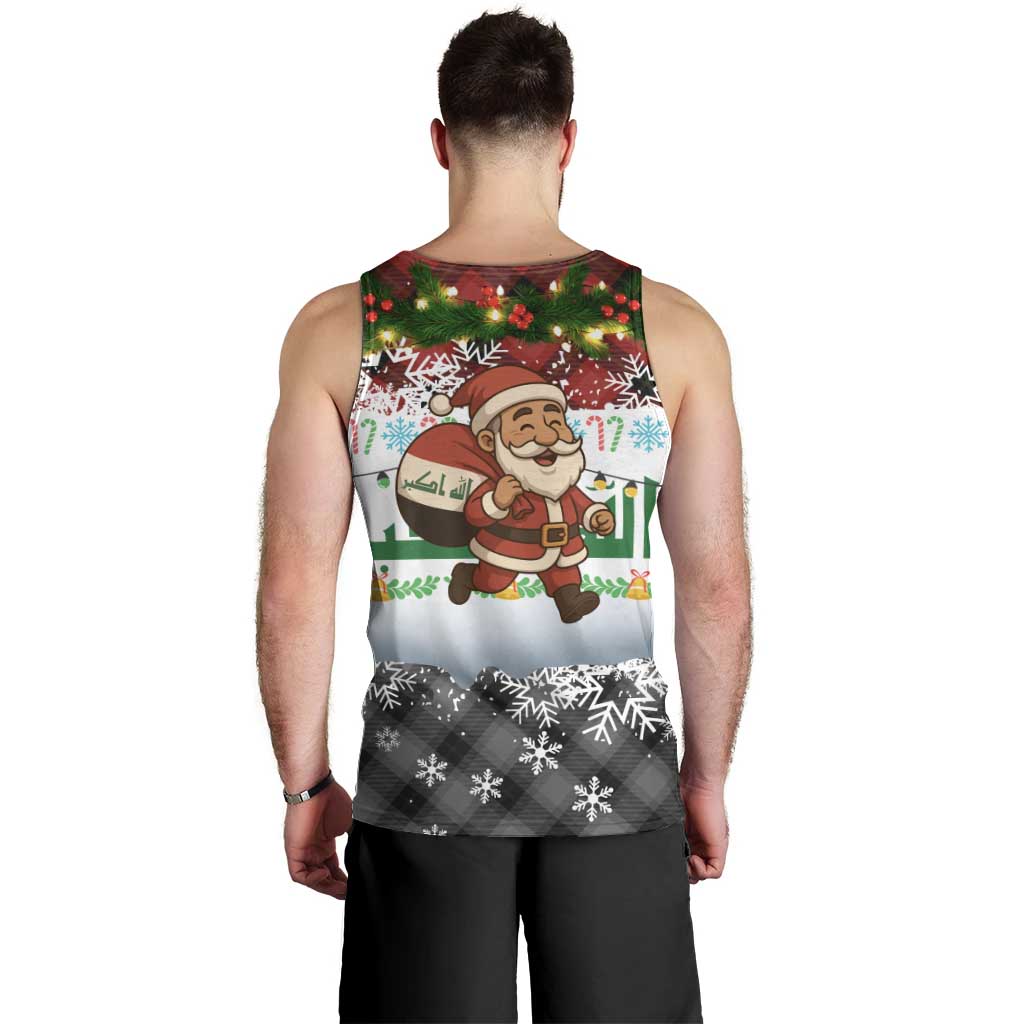 Iraq Christmas Men Tank Top with Santa Carrying Gift Bag Flag Garland and Snowflake Plaid Pattern - Wonder Print Shop
