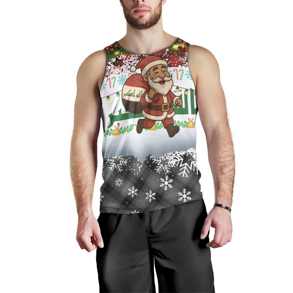 Iraq Christmas Men Tank Top with Santa Carrying Gift Bag Flag Garland and Snowflake Plaid Pattern - Wonder Print Shop