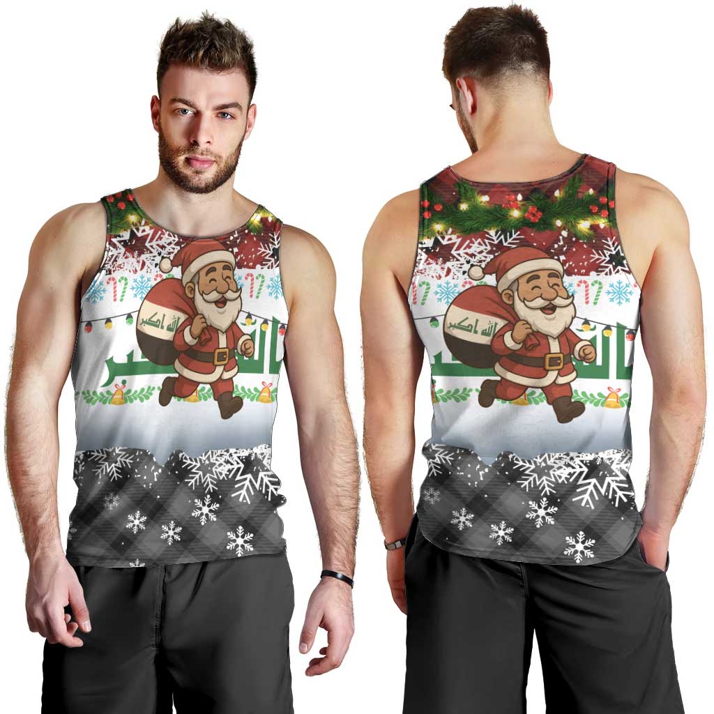 Iraq Christmas Men Tank Top with Santa Carrying Gift Bag Flag Garland and Snowflake Plaid Pattern - Wonder Print Shop