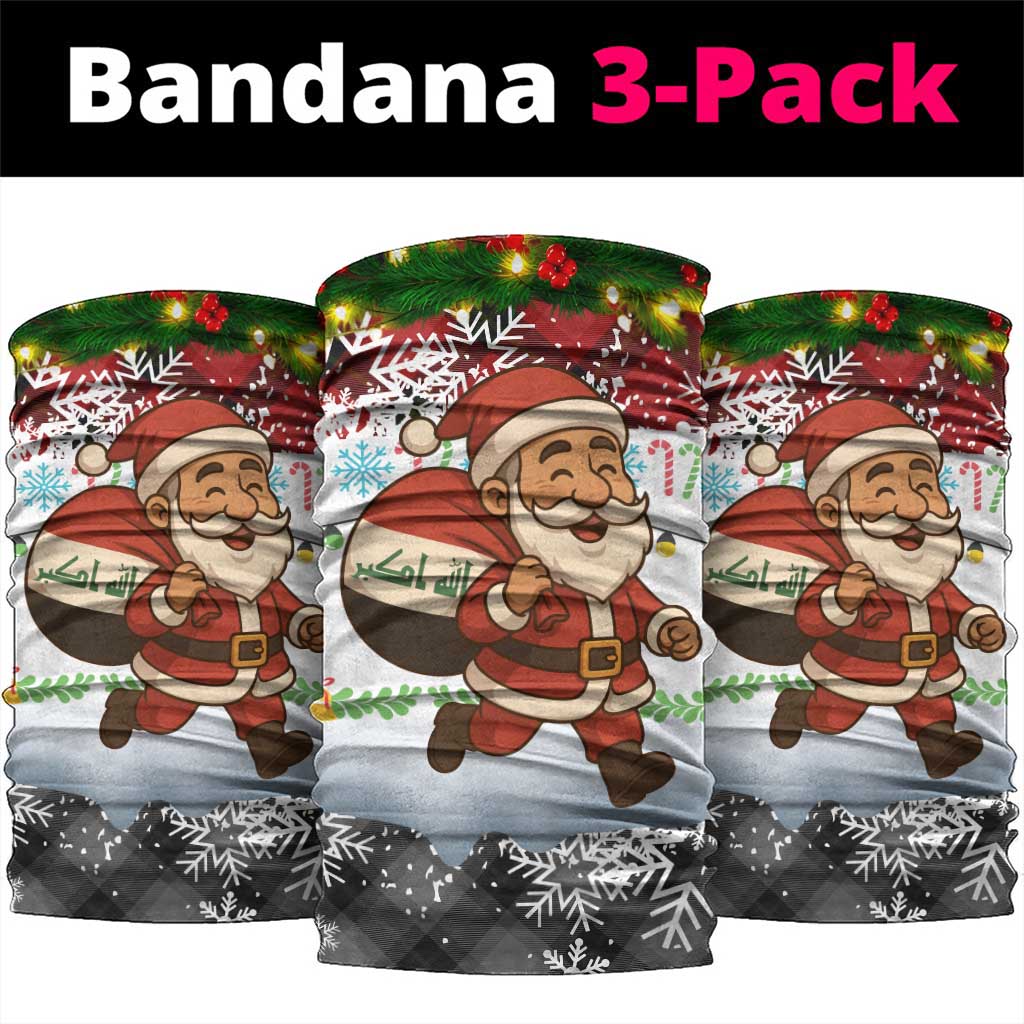 Iraq Christmas Neck Gaiter with Santa Carrying Gift Bag Flag Garland and Snowflake Plaid Pattern - Wonder Print Shop