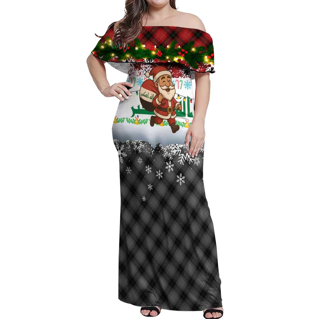 Iraq Christmas Off Shoulder Maxi Dress with Santa Carrying Gift Bag Flag Garland and Snowflake Plaid Pattern - Wonder Print Shop