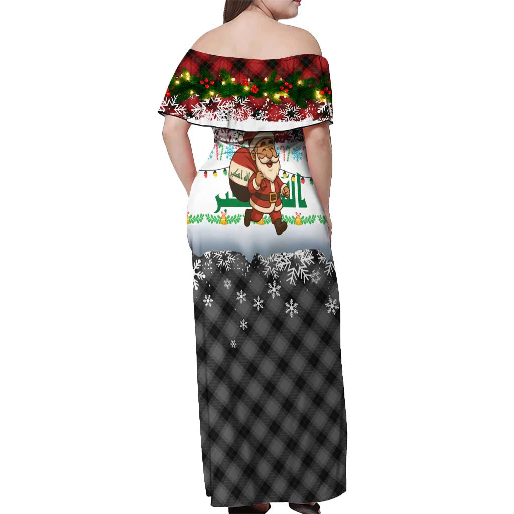 Iraq Christmas Off Shoulder Maxi Dress with Santa Carrying Gift Bag Flag Garland and Snowflake Plaid Pattern - Wonder Print Shop