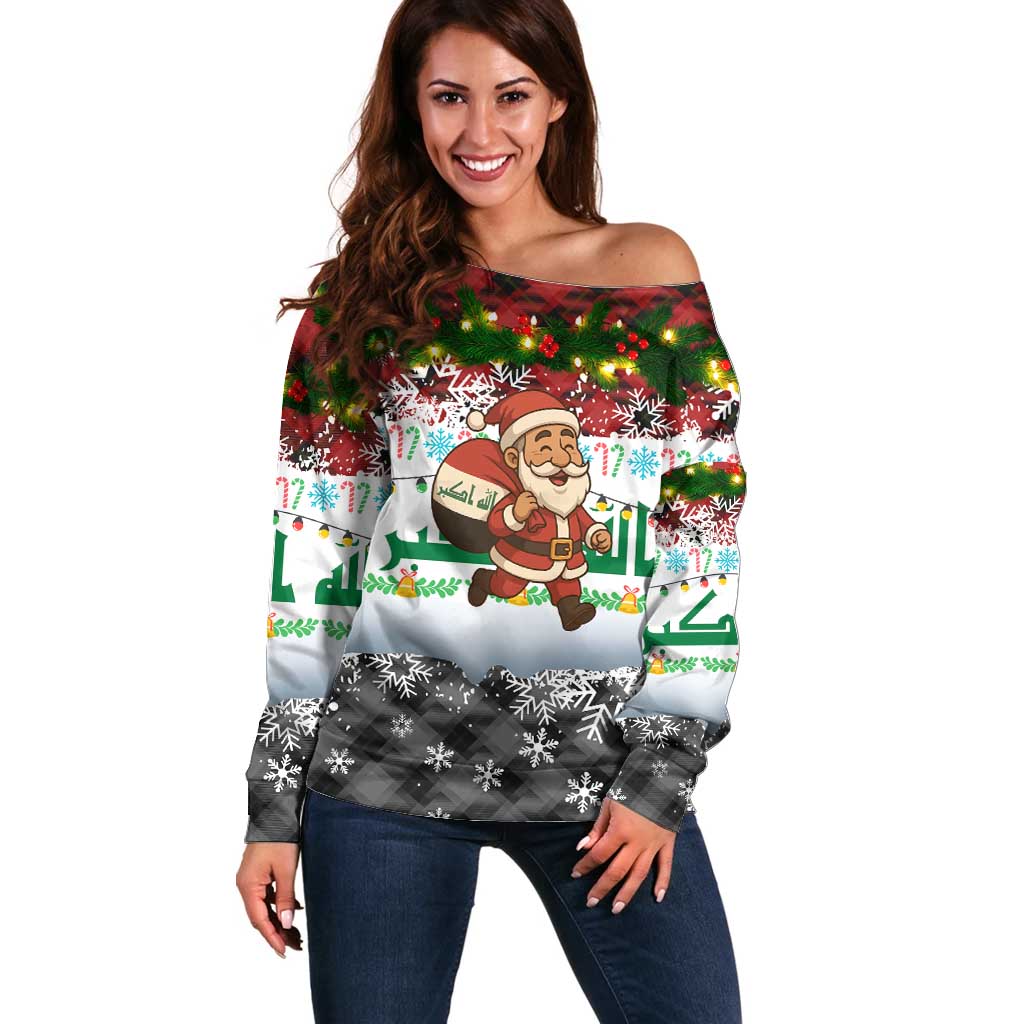 Iraq Christmas Off Shoulder Sweater with Santa Carrying Gift Bag Flag Garland and Snowflake Plaid Pattern - Wonder Print Shop