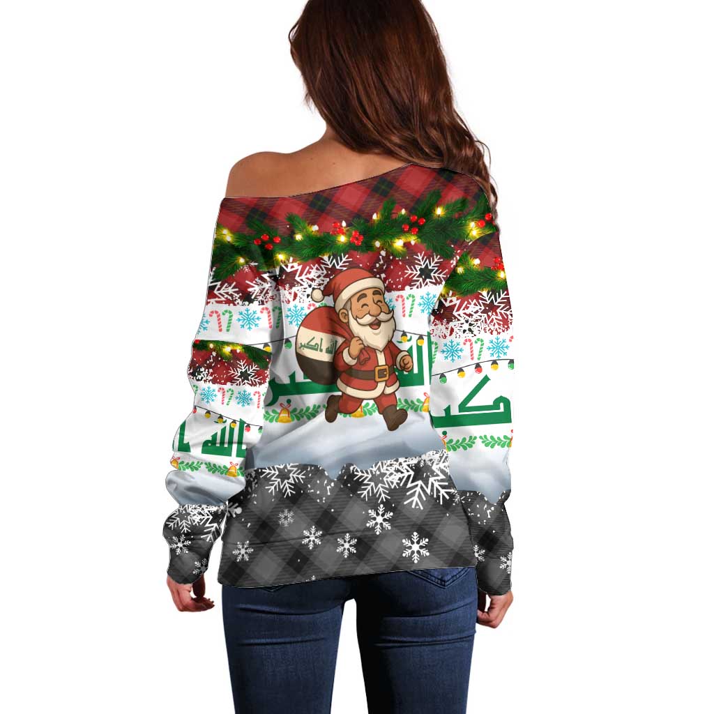Iraq Christmas Off Shoulder Sweater with Santa Carrying Gift Bag Flag Garland and Snowflake Plaid Pattern - Wonder Print Shop