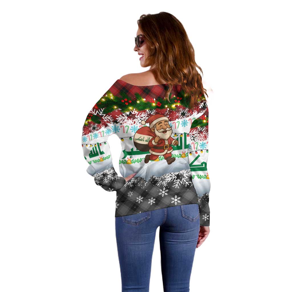 Iraq Christmas Off Shoulder Sweater with Santa Carrying Gift Bag Flag Garland and Snowflake Plaid Pattern - Wonder Print Shop