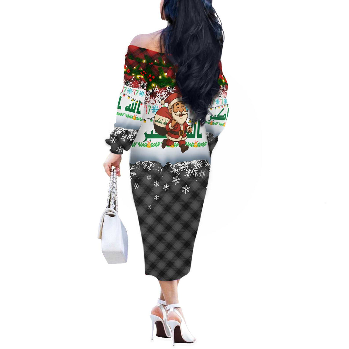 Iraq Christmas Off The Shoulder Long Sleeve Dress with Santa Carrying Gift Bag Flag Garland and Snowflake Plaid Pattern - Wonder Print Shop