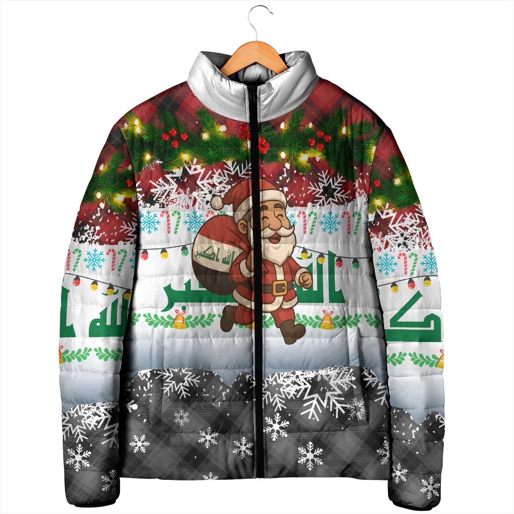 Iraq Christmas Padded Jacket with Santa Carrying Gift Bag Flag Garland and Snowflake Plaid Pattern - Wonder Print Shop