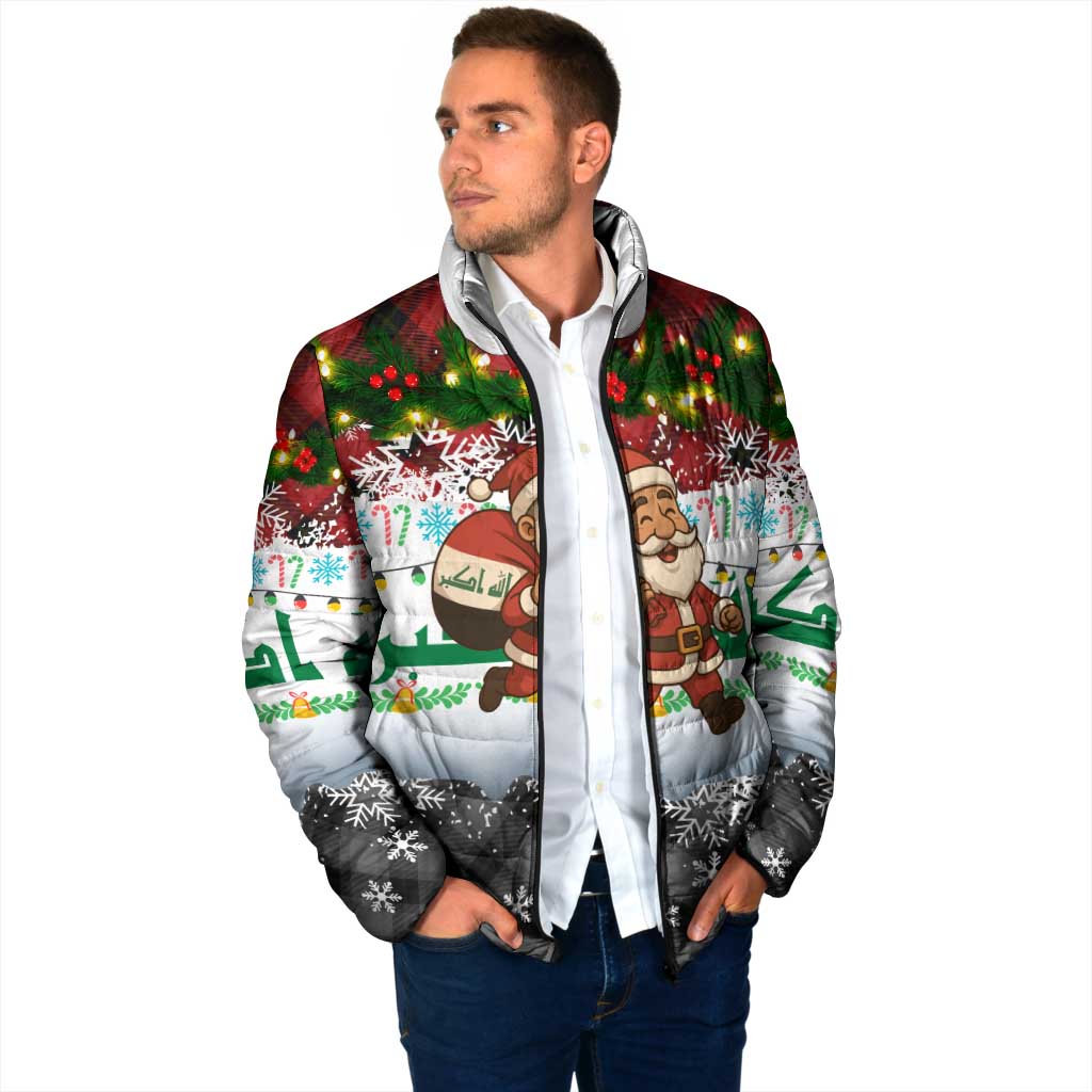 Iraq Christmas Padded Jacket with Santa Carrying Gift Bag Flag Garland and Snowflake Plaid Pattern - Wonder Print Shop