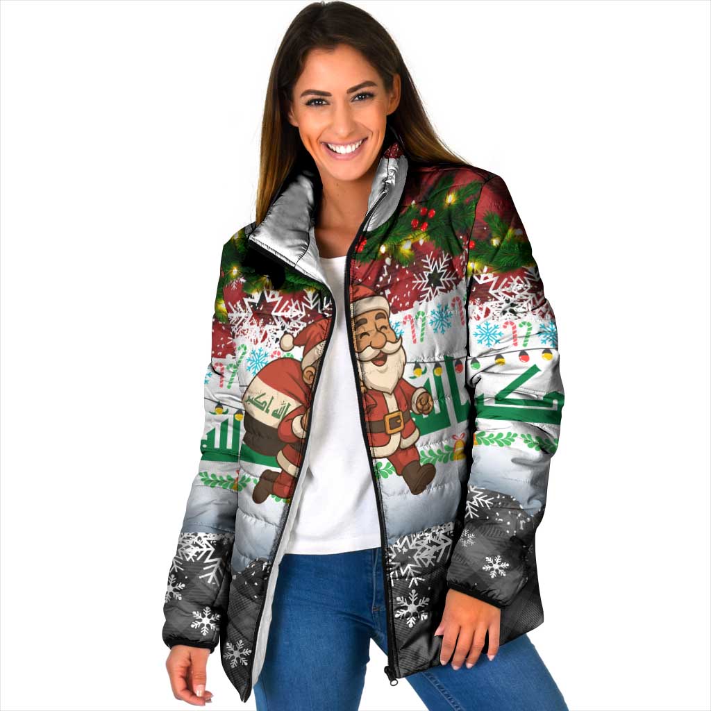 Iraq Christmas Padded Jacket with Santa Carrying Gift Bag Flag Garland and Snowflake Plaid Pattern - Wonder Print Shop