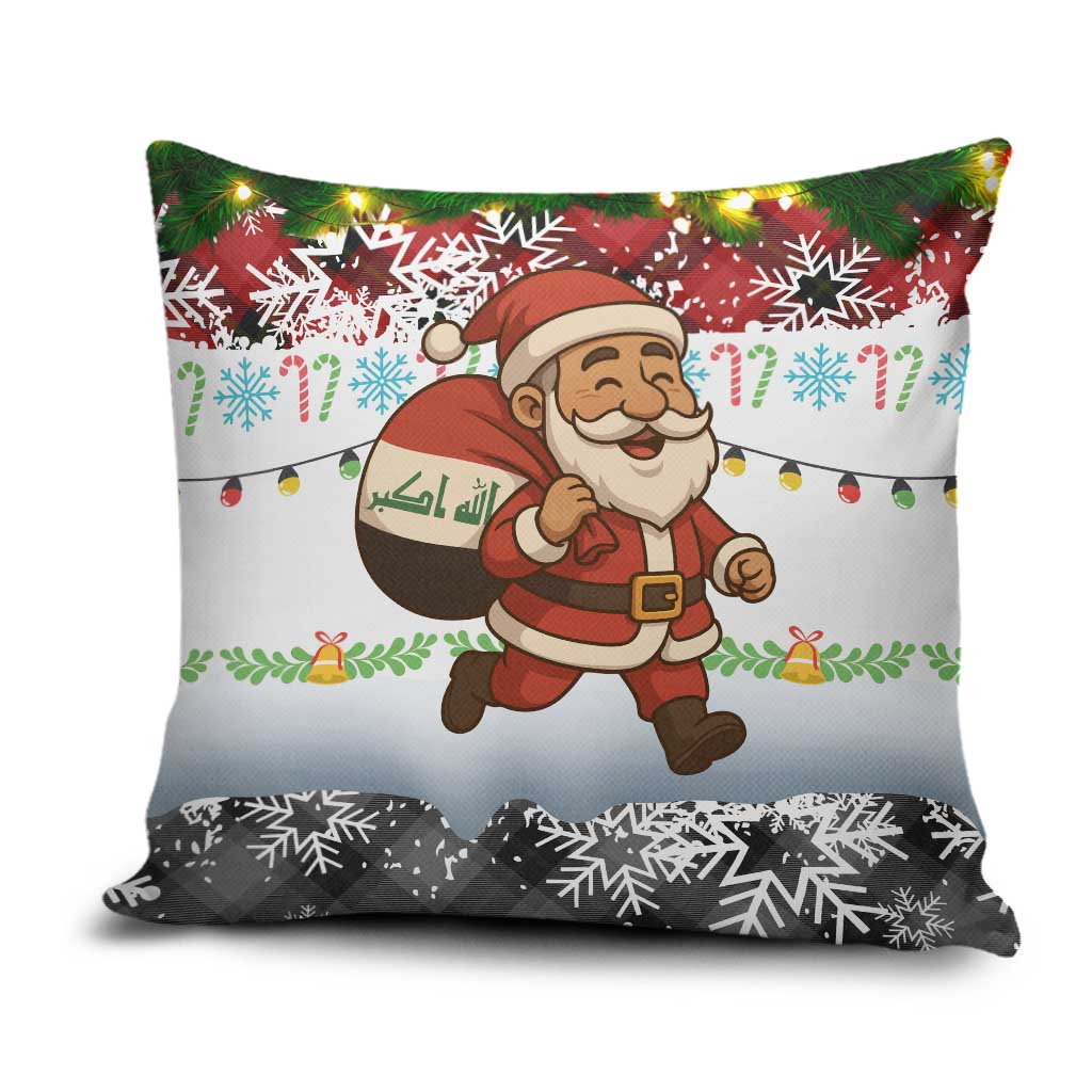 Iraq Christmas Pillow Cover with Santa Carrying Gift Bag Flag Garland and Snowflake Plaid Pattern - Wonder Print Shop