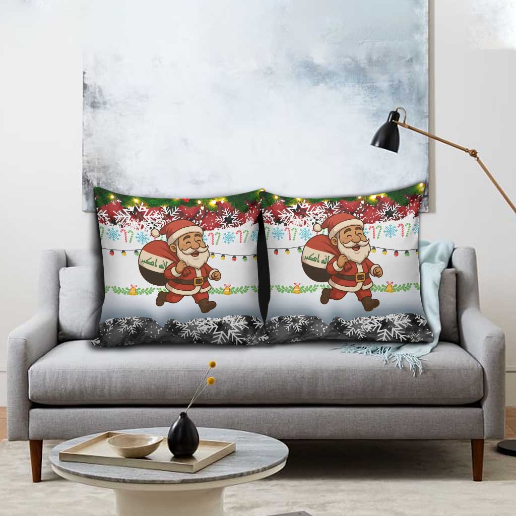 Iraq Christmas Pillow Cover with Santa Carrying Gift Bag Flag Garland and Snowflake Plaid Pattern - Wonder Print Shop