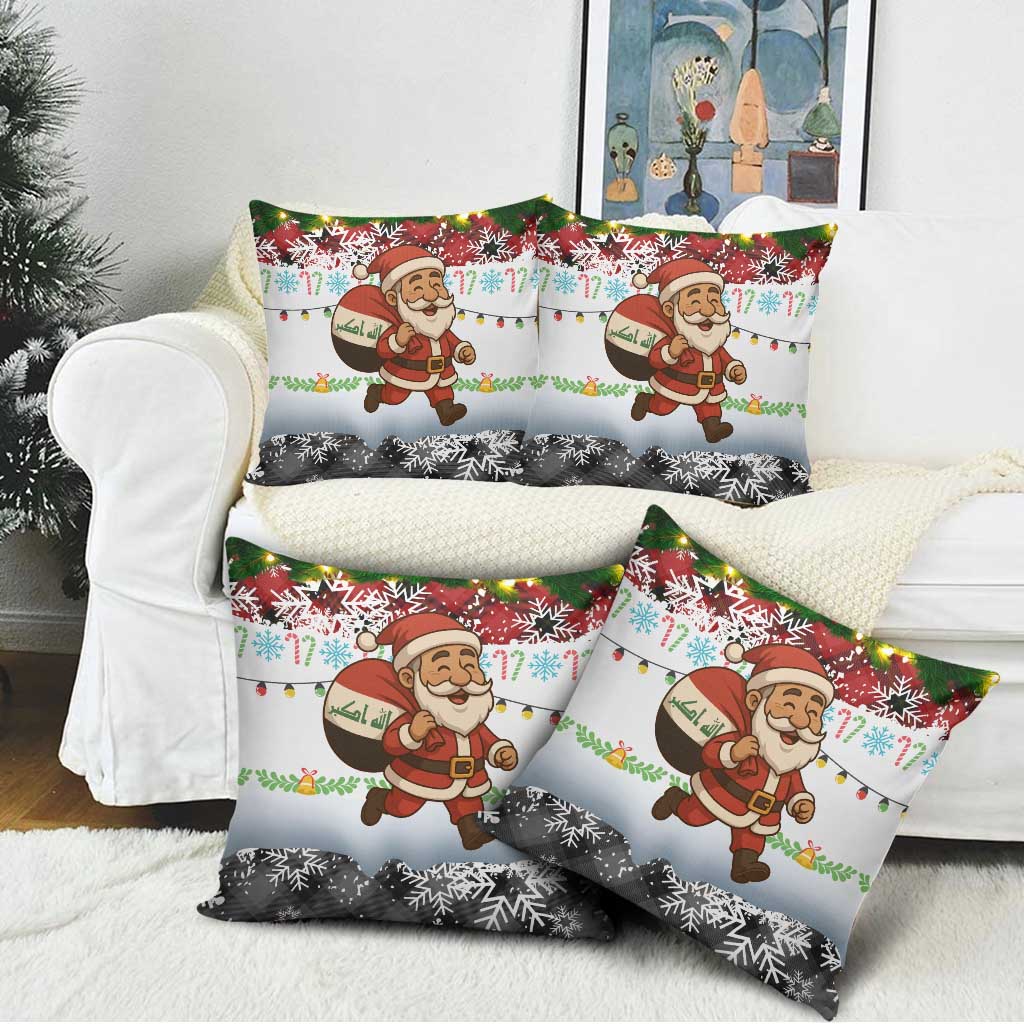 Iraq Christmas Pillow Cover with Santa Carrying Gift Bag Flag Garland and Snowflake Plaid Pattern - Wonder Print Shop