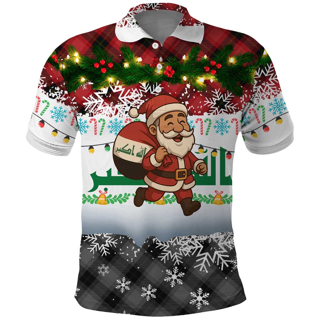 Iraq Christmas Polo Shirt with Santa Carrying Gift Bag Flag Garland and Snowflake Plaid Pattern - Wonder Print Shop